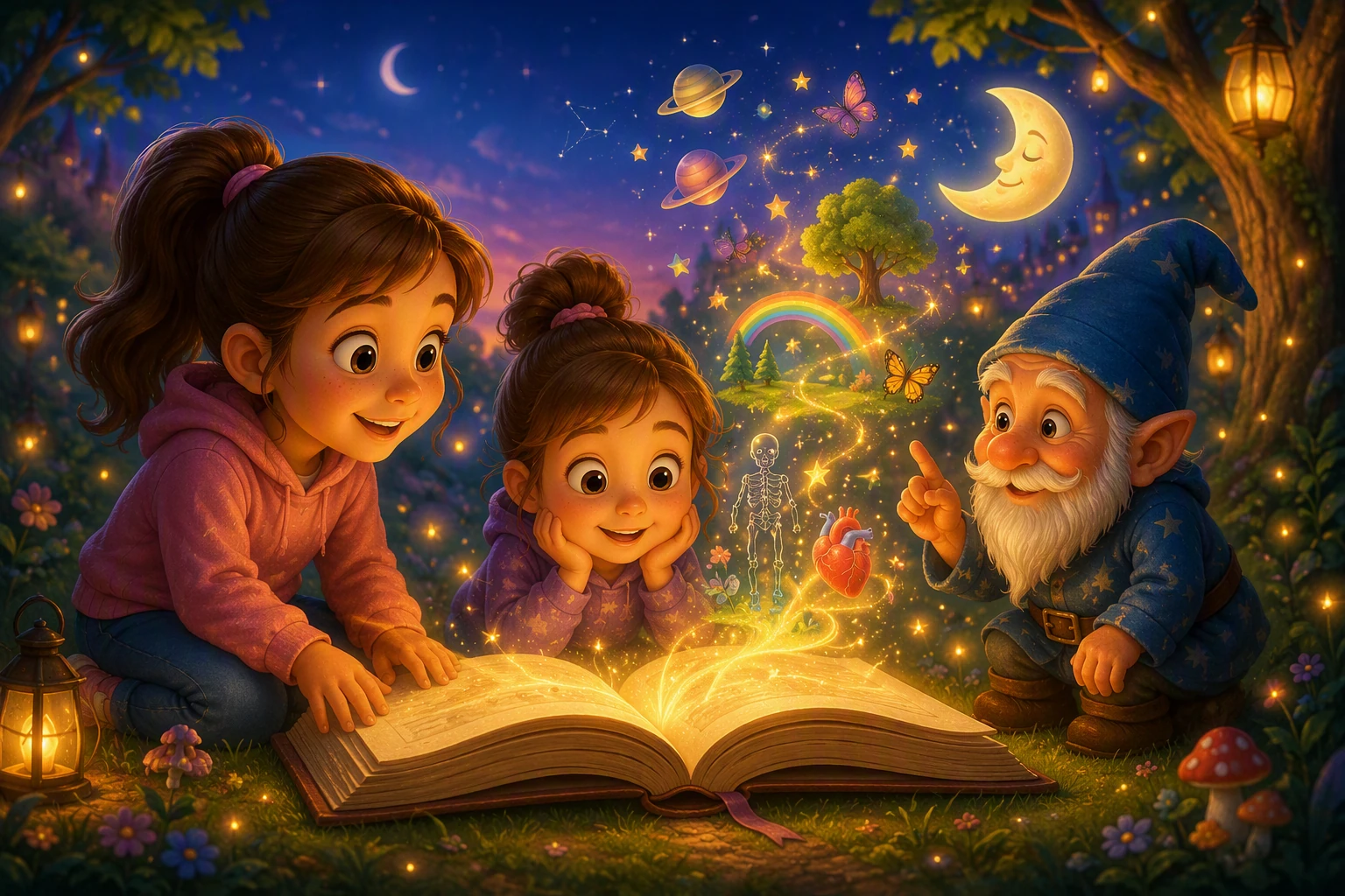 Magická kniha Rozprávkovej Akadémie, dve sestry a múdry škriatok objavujú svet vedomostí.